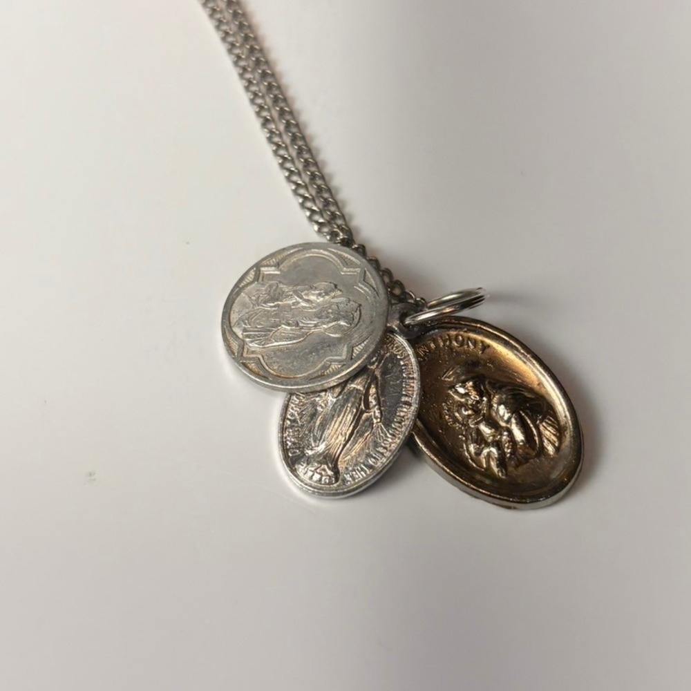 Vintage Religious Medallion Necklace Silver Gold Catholic Saint Charms Boho